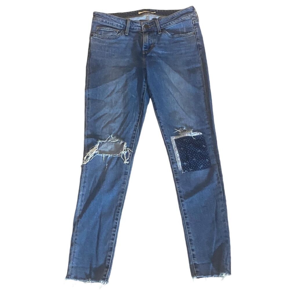 Levi's Womens Blue 711 Ripped Bandana Patch Knee Skinny Denim Jeans Size 28